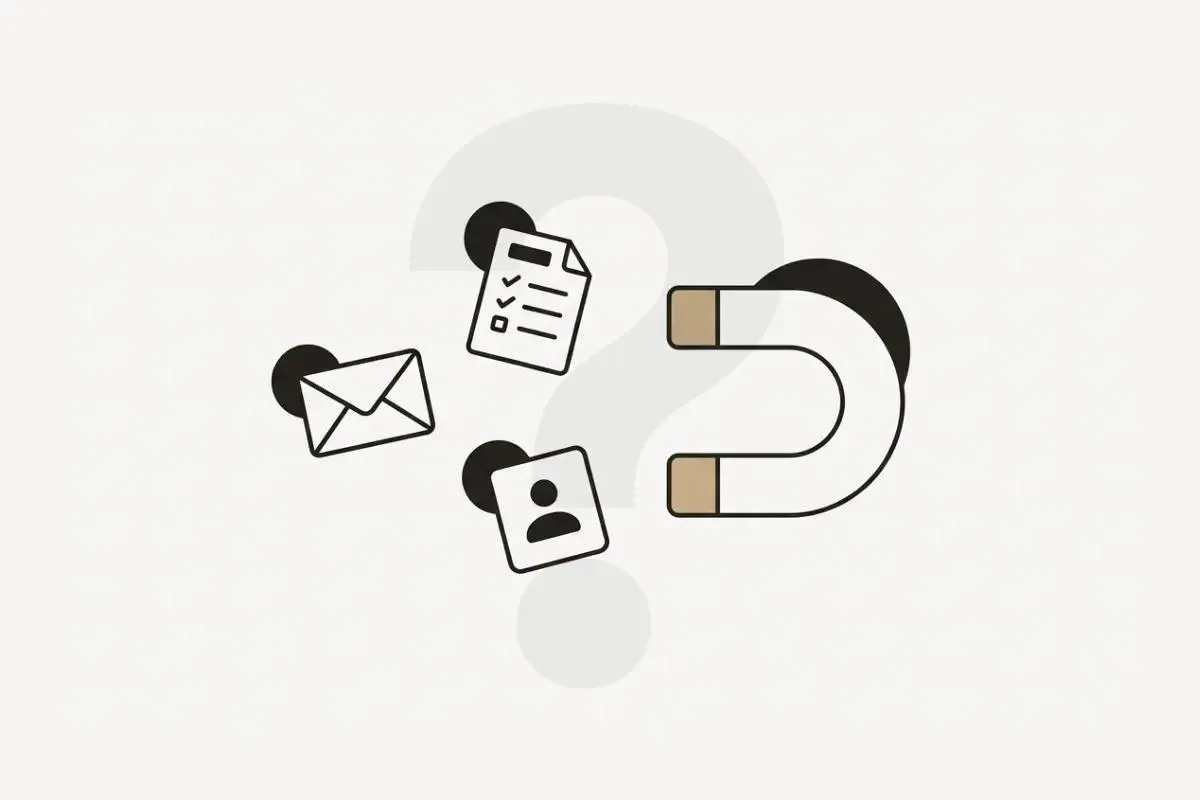 A magnet drawing in an email, a checklist and a contact card.